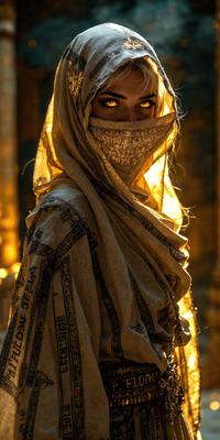 The primary subject of the image is a woman wearing a headscarf and a long, flowing garment. She is standing in front of a stone wall, which serves as the setting for the scene. The visual style of the image is a photo, capturing the woman's appearance and the surrounding environment. The colors and mood of the image are predominantly warm and earthy, with the woman's attire and the stone wall creating a sense of tranquility and connection to nature.